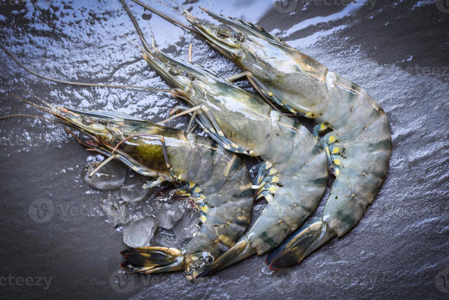 camarones crudos gambas sobre fondo de placa oscura, camarón tigre negro fresco. foto