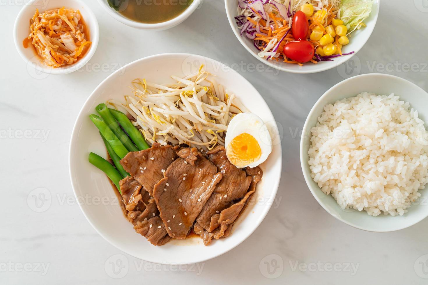 stir-fry Teriyaki Pork with sesame seeds ,mung bean sprouts, boiled egg and rice set photo