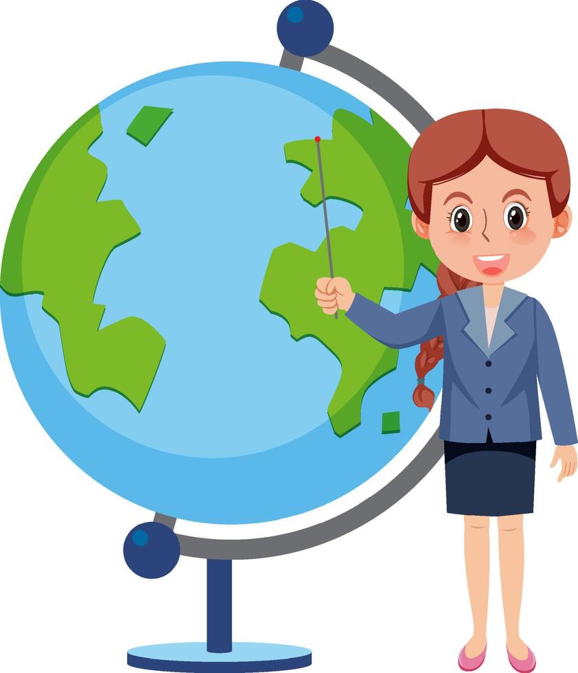 Young woman teacher standing by earth globe vector