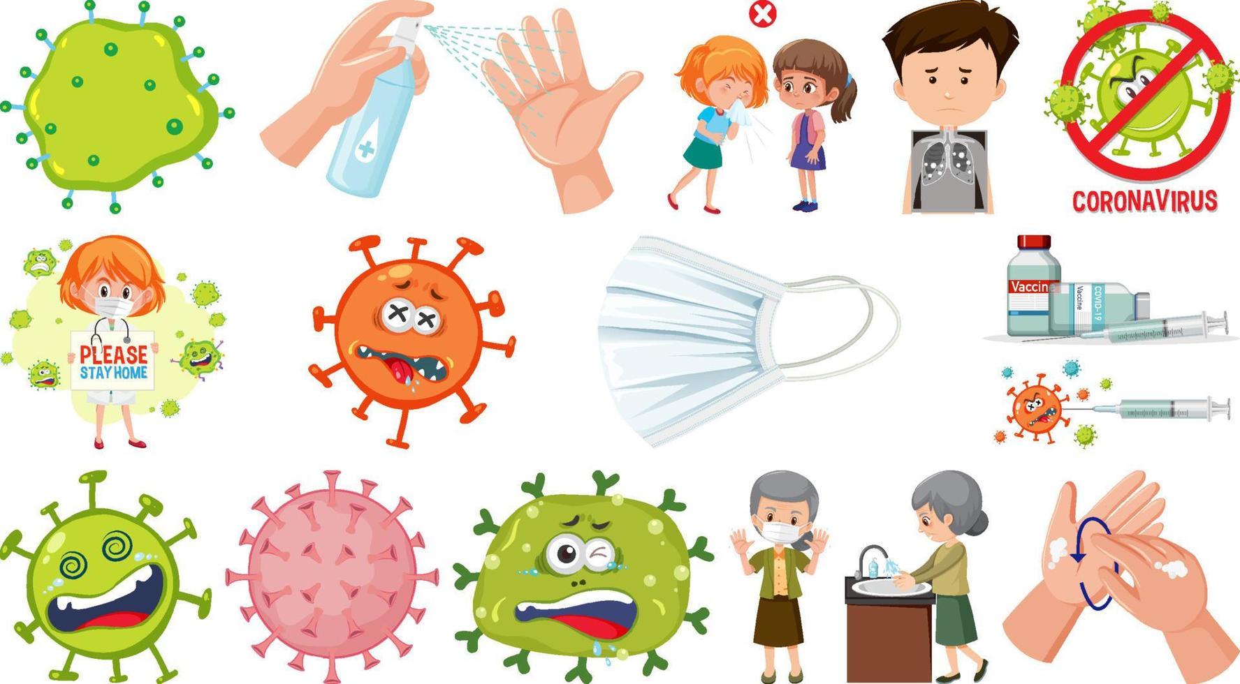 Cartoon character and Coronavirus vaccination isolated objects vector