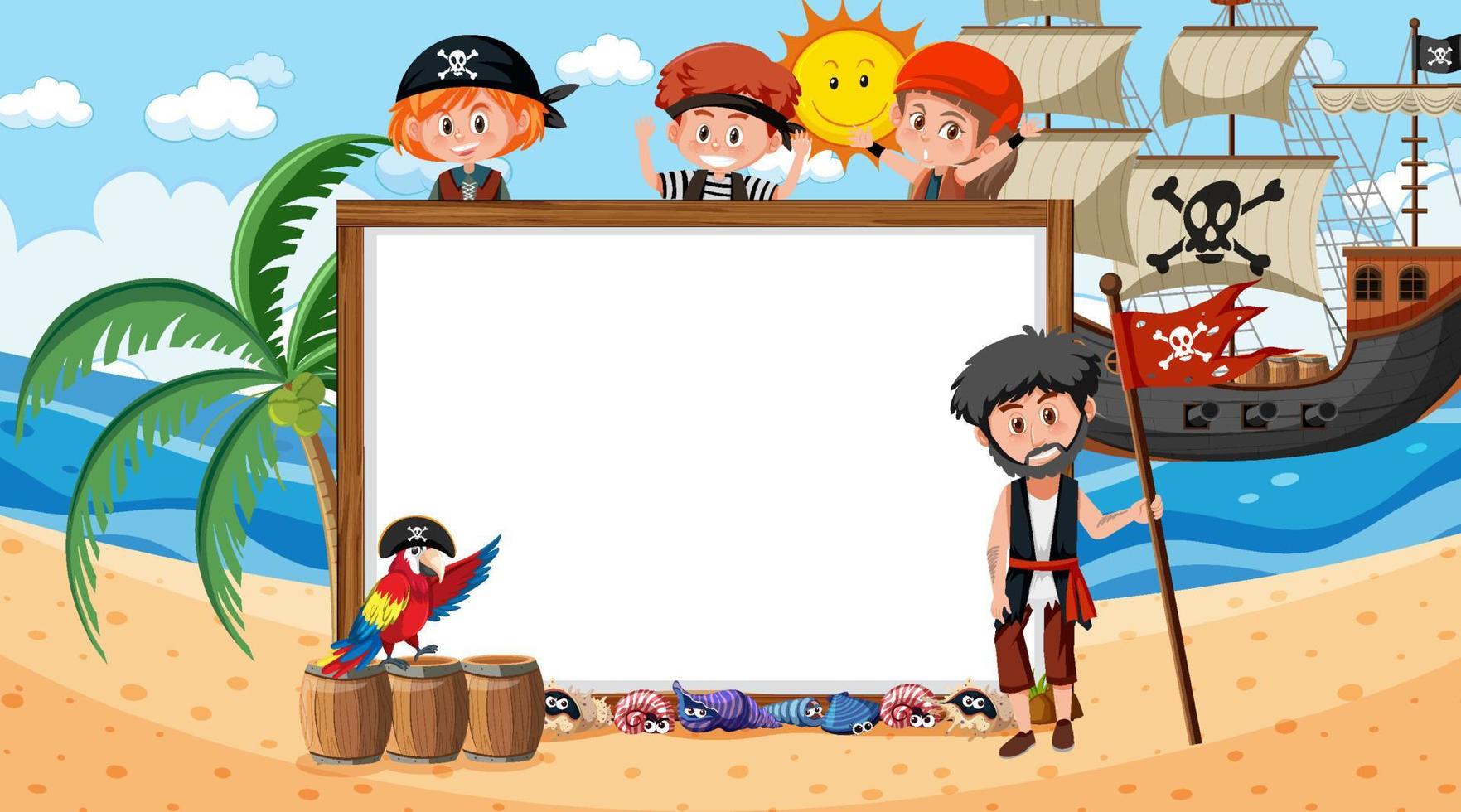 Empty banner template with pirate kids at the beach daytime scene vector