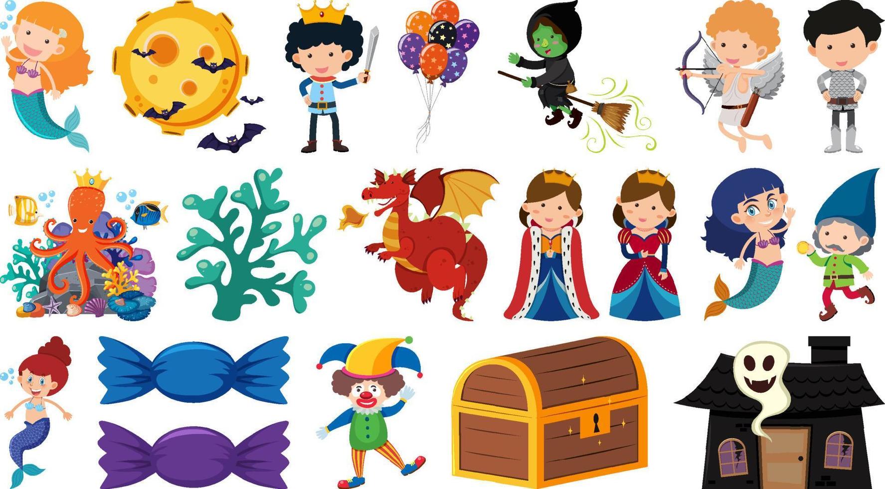 Set of isolated fairytale cartoon characters and objects vector