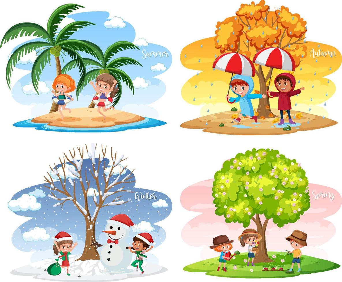 Different scenes with children in four seasons vector