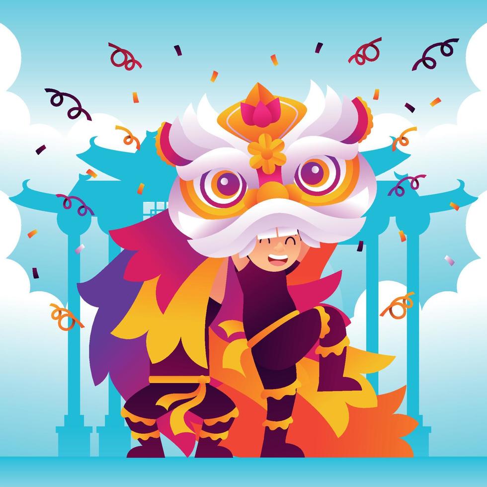 Kids Playing Lion Dance for Chinese New Year vector