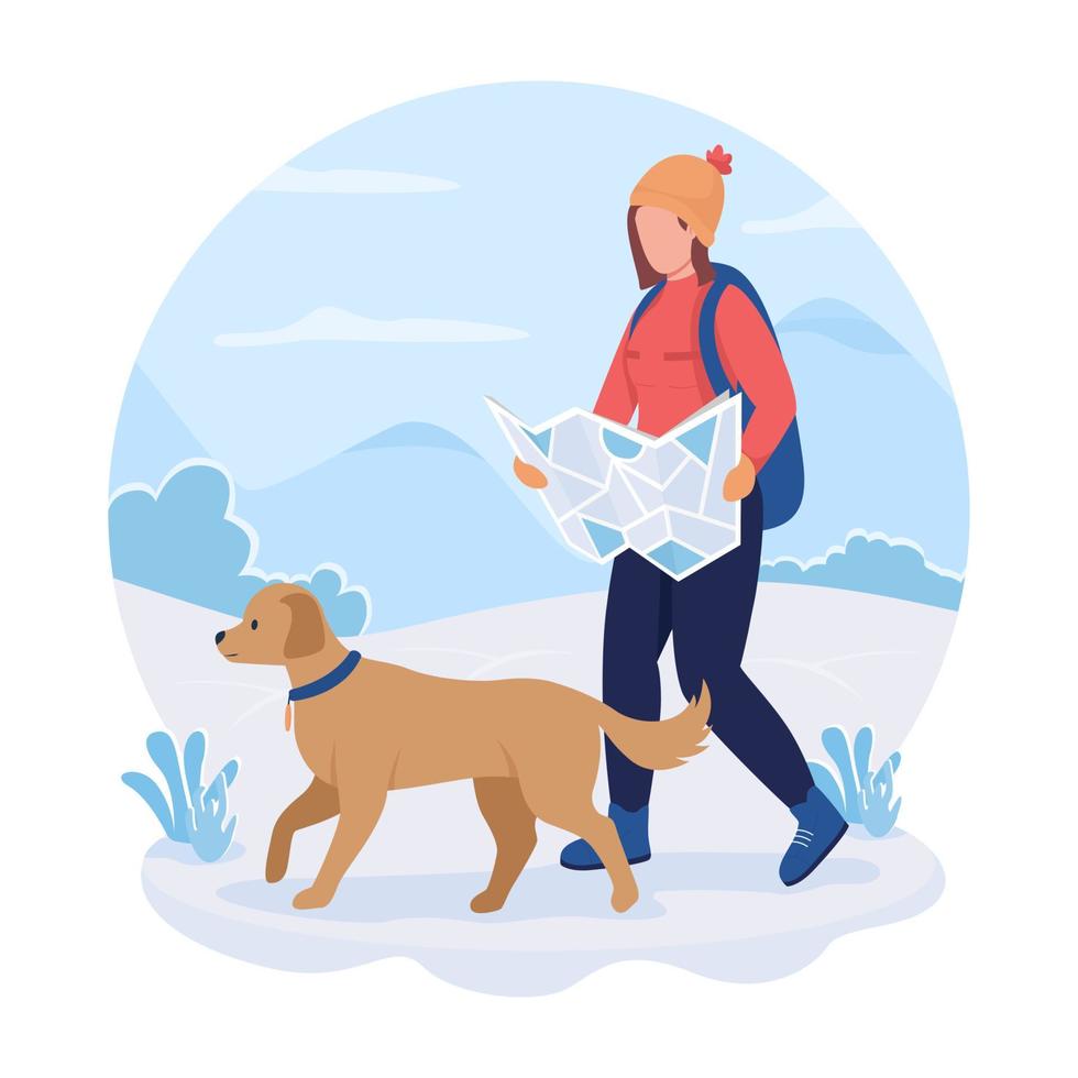 Woman on hiking route 2D vector isolated illustration. Girl with map walking with pet. Backapacker with dog flat character on cartoon background. Active wintertime recreation colourful scene