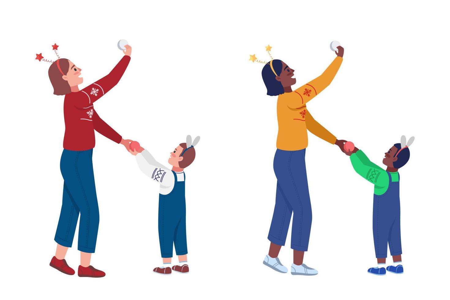 Parent and kid festive decorating semi flat color vector characters. Standing figures. Full body people on white. Winter isolated modern cartoon style illustration for graphic design and animation