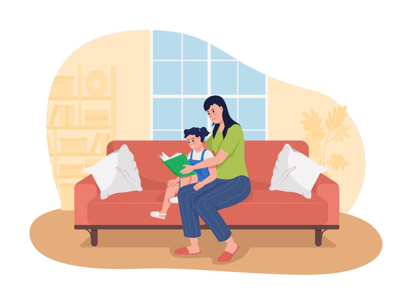 Encouraging kid to love reading 2D vector isolated illustration. Female parent reading book to daughter flat characters on cartoon background. Cognitive child development colourful scene