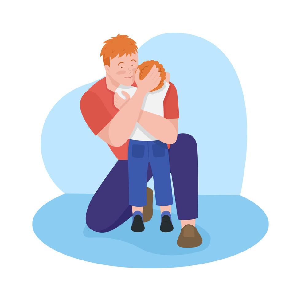 Emotional connection with toddler 2D vector isolated illustration. Father hugging little boy flat characters on cartoon background. Spending time with kid. Dad-son bonding colourful scene