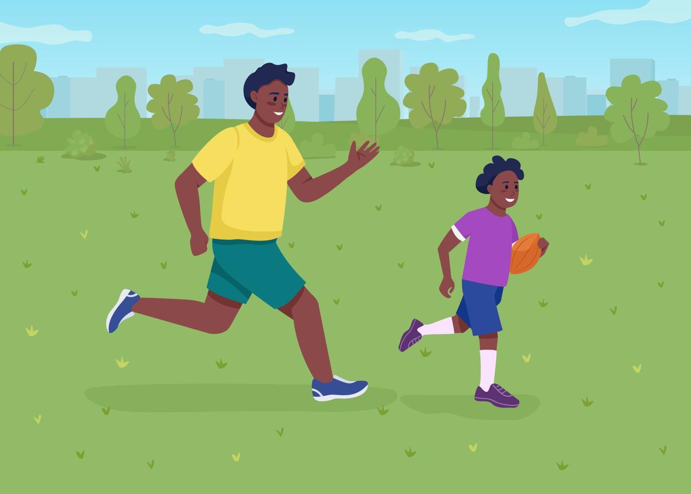 Playing american football with dad flat color vector illustration. Training camp. Running football trainer and kid. Smiling father and son 2D cartoon characters with green field on background