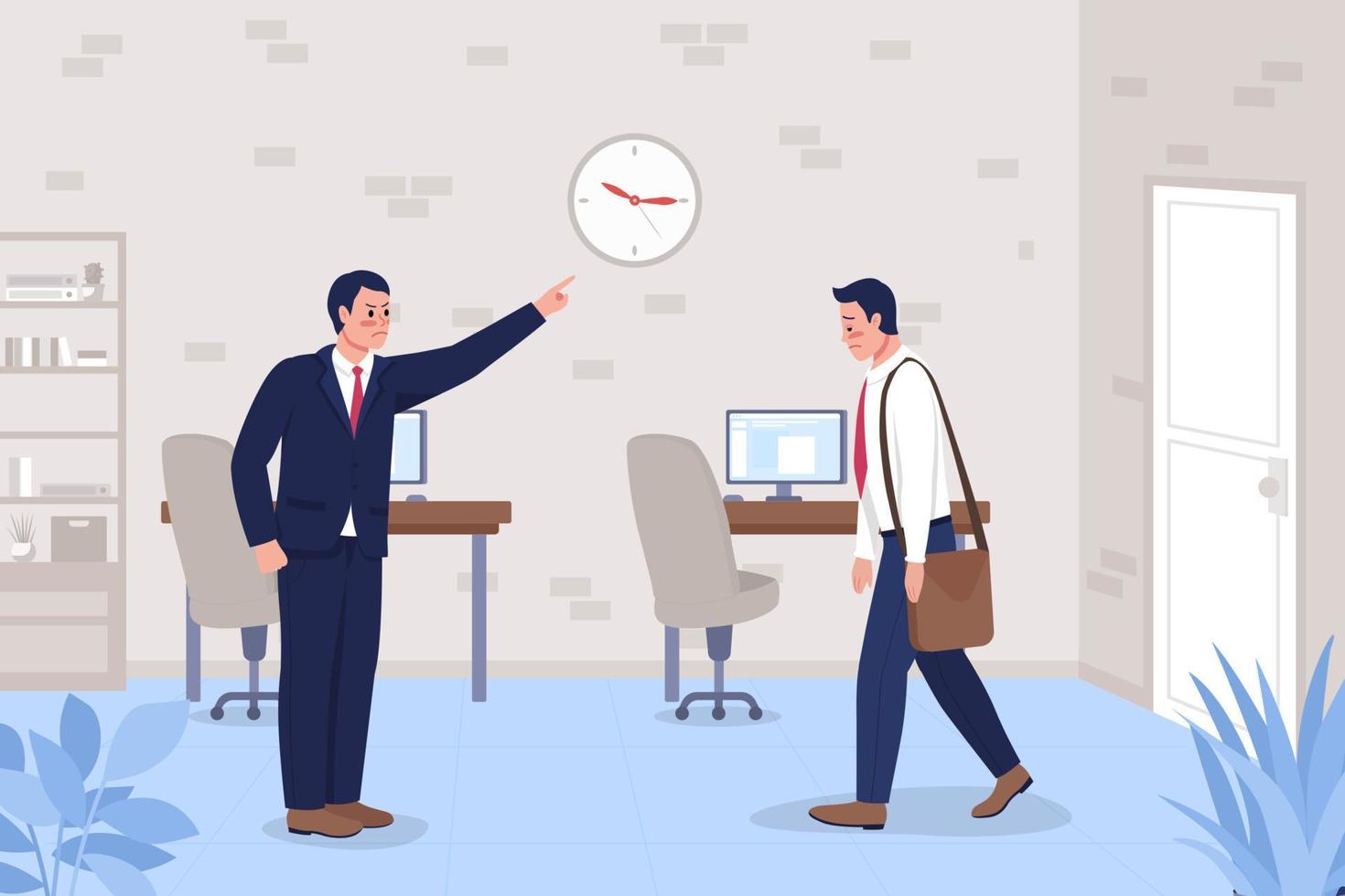 Late to work flat color vector illustration. Boss angry at employee for tardiness. Challenges at office job. Colleagues 2D cartoon characters with corporate workplace interior on background