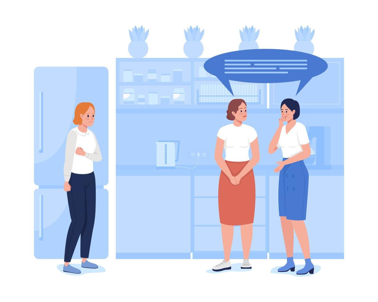 Social problems at workplace 2D vector isolated illustration. Harassment by colleagues. Gossiping coworkers flat characters on cartoon background. Challenges of corporate work colourful scene