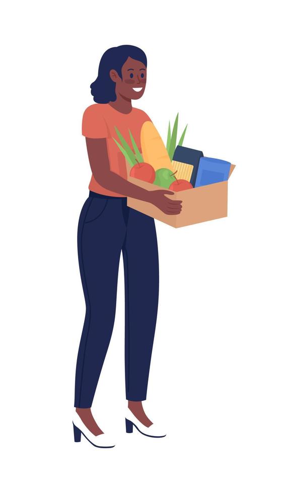 Woman donating food semi flat color vector character. Posing figure. Full body person on white. Social service isolated modern cartoon style illustration for graphic design and animation