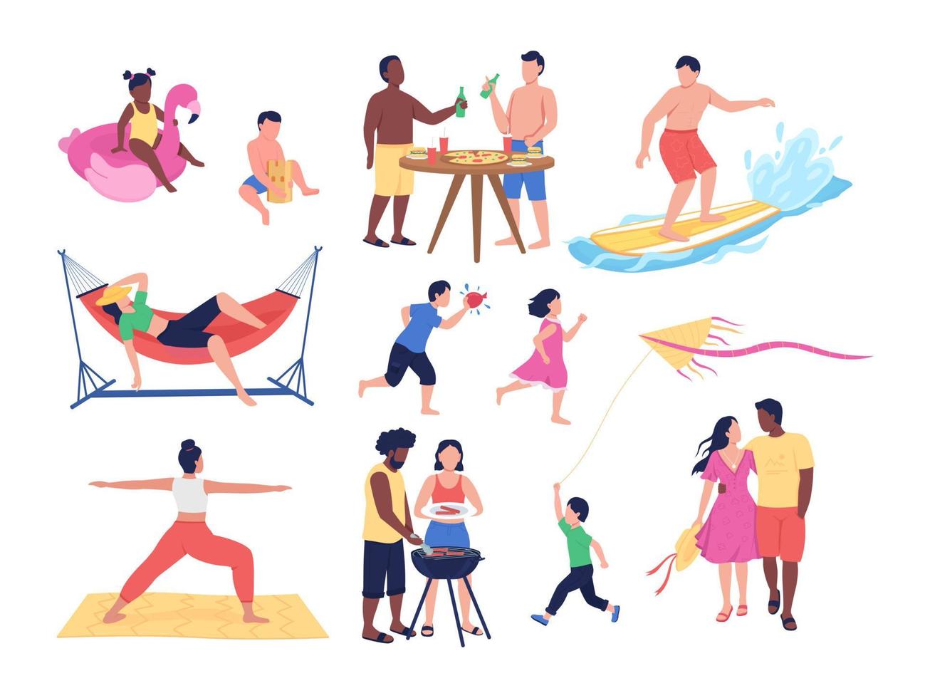 actividades de verano juego de caracteres vectoriales de color semi plano. posando figuras. personas de cuerpo entero en blanco. Ilustración de estilo de dibujos animados moderno aislado de playa para diseño gráfico y colección de animación vector