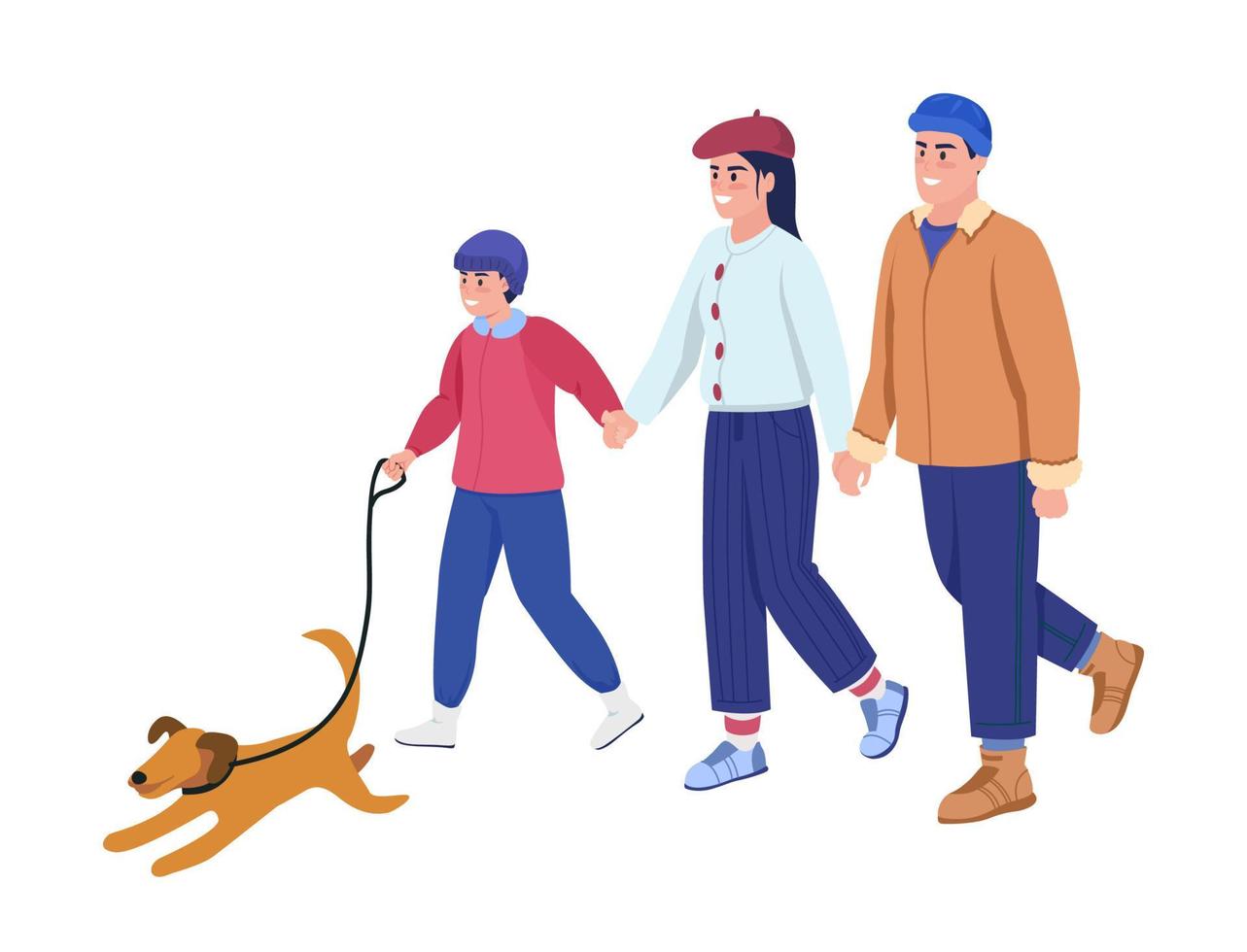 paseo familiar con perros personajes vectoriales de color semi plano. figuras dinámicas. personas de cuerpo entero en blanco. Ilustración de estilo de dibujos animados moderno aislado de invierno para diseño gráfico y animación vector