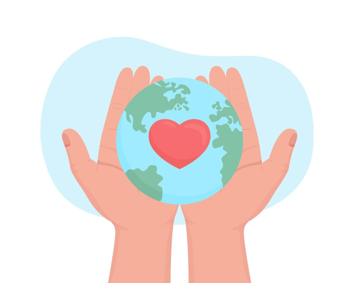 Planet conservation charity 2D vector isolated illustration. Holding planet with heart symbol flat first view hands on cartoon background. International non profit organization colourful scene