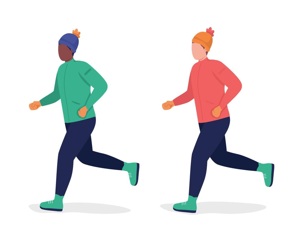 Men running in winter semi flat color vector character set. Posing figure. Full body people on white. Outdoor recreation isolated modern cartoon style illustration for graphic design and animation