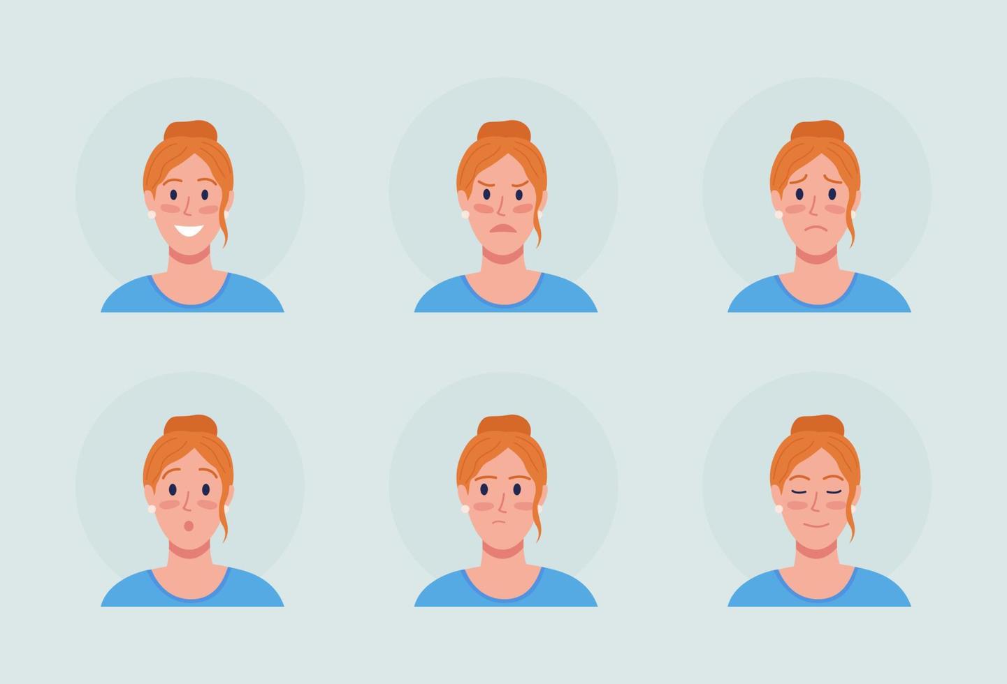 mujer pelirroja con diferentes emociones conjunto de avatar de carácter vectorial de color semi plano. retrato de la vista frontal. Ilustración de estilo de dibujos animados moderno aislado para diseño gráfico y paquete de animación vector