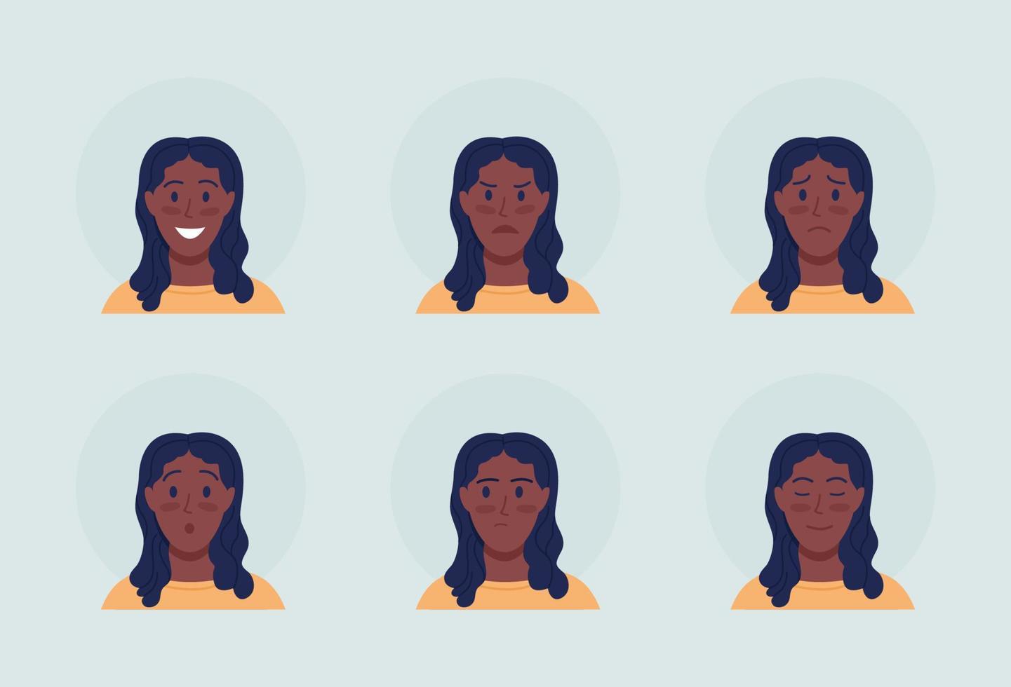 Woman with emotional expressions semi flat color vector character avatar set. Portrait from front view. Isolated modern cartoon style illustration for graphic design and animation pack
