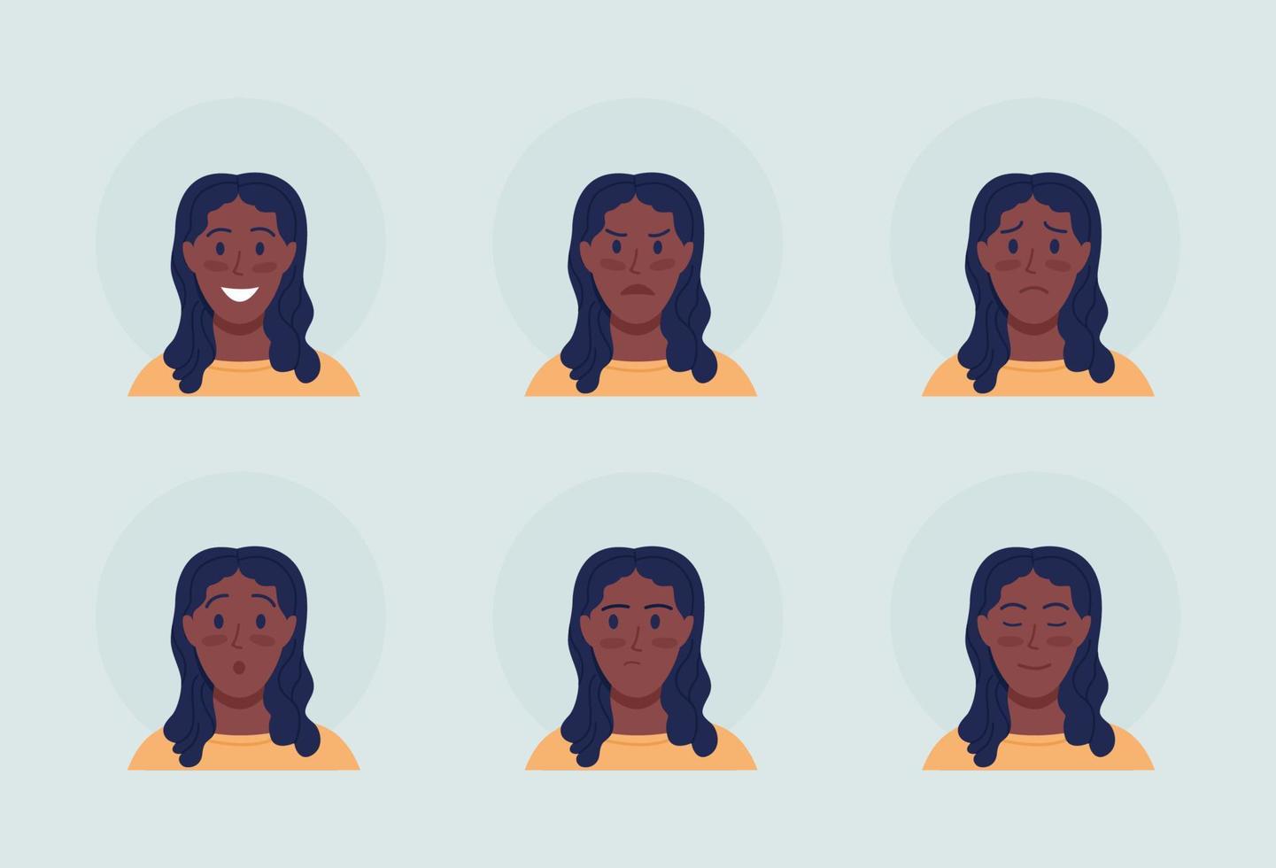 Woman with emotional expressions semi flat color vector character avatar set. Portrait from front view. Isolated modern cartoon style illustration for graphic design and animation pack