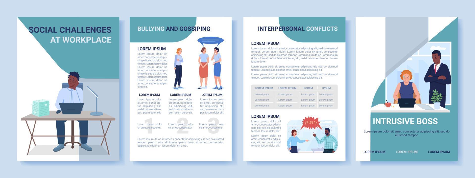 Social challenges at workplace flat vector brochure template. Flyer, booklet, printable leaflet design with flat illustrations. Magazine page, cartoon reports, infographic posters with text space