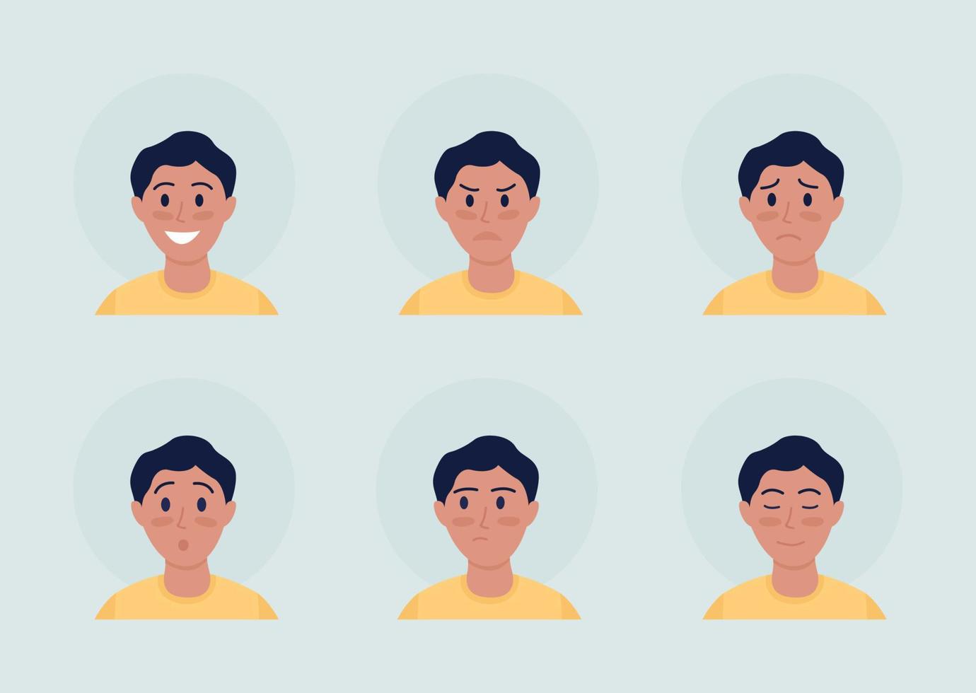 Boy with different emotions semi flat color vector character avatar set. Casual style. Portrait from front view. Isolated modern cartoon style illustration for graphic design and animation pack