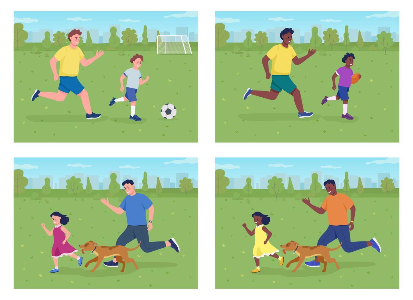 Playing with dad outdoors flat color vector illustration set. Training dog together. Soccer game. Smiling kids with fathers 2D cartoon characters collection with green landscape on background