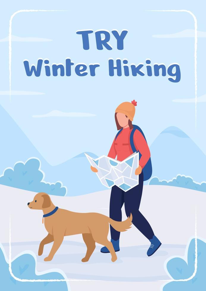 Pruebe la plantilla de vector plano de cartel de senderismo de invierno. Trekking estacional. folleto, folleto de diseño de concepto de una página con personajes de dibujos animados. Folleto de actividades de invierno, folleto con espacio de copia.