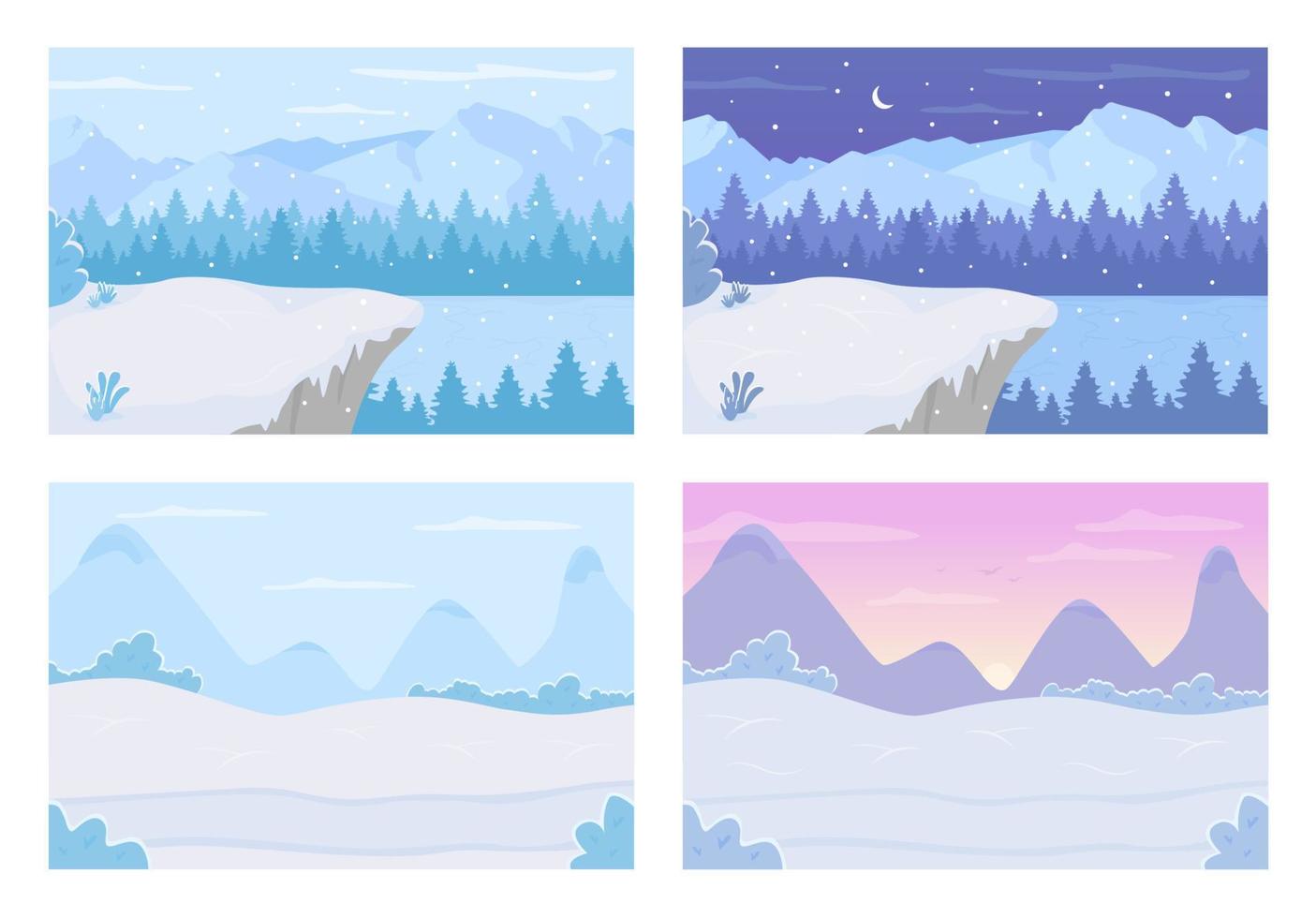 Conjunto de ilustración de vector de color plano de tierra de día y noche de invierno. lago congelado durante el día. colinas de la pradera durante la puesta de sol. naturaleza escénica. paisaje de dibujos animados 2d estacional con nieve en la colección de fondo