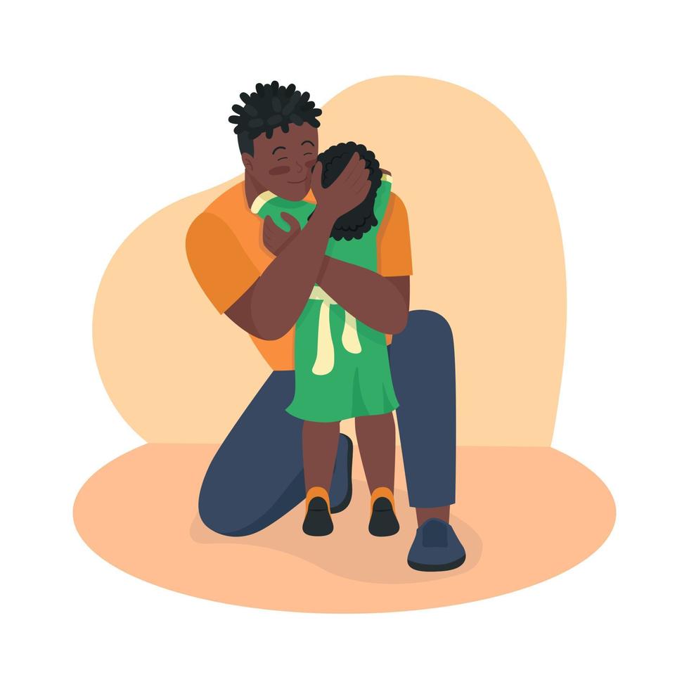 Emotional father and daughter reunion 2D vector isolated illustration. Dad cuddling child to calm flat characters on cartoon background. Expressing affection and care to kid colourful scene