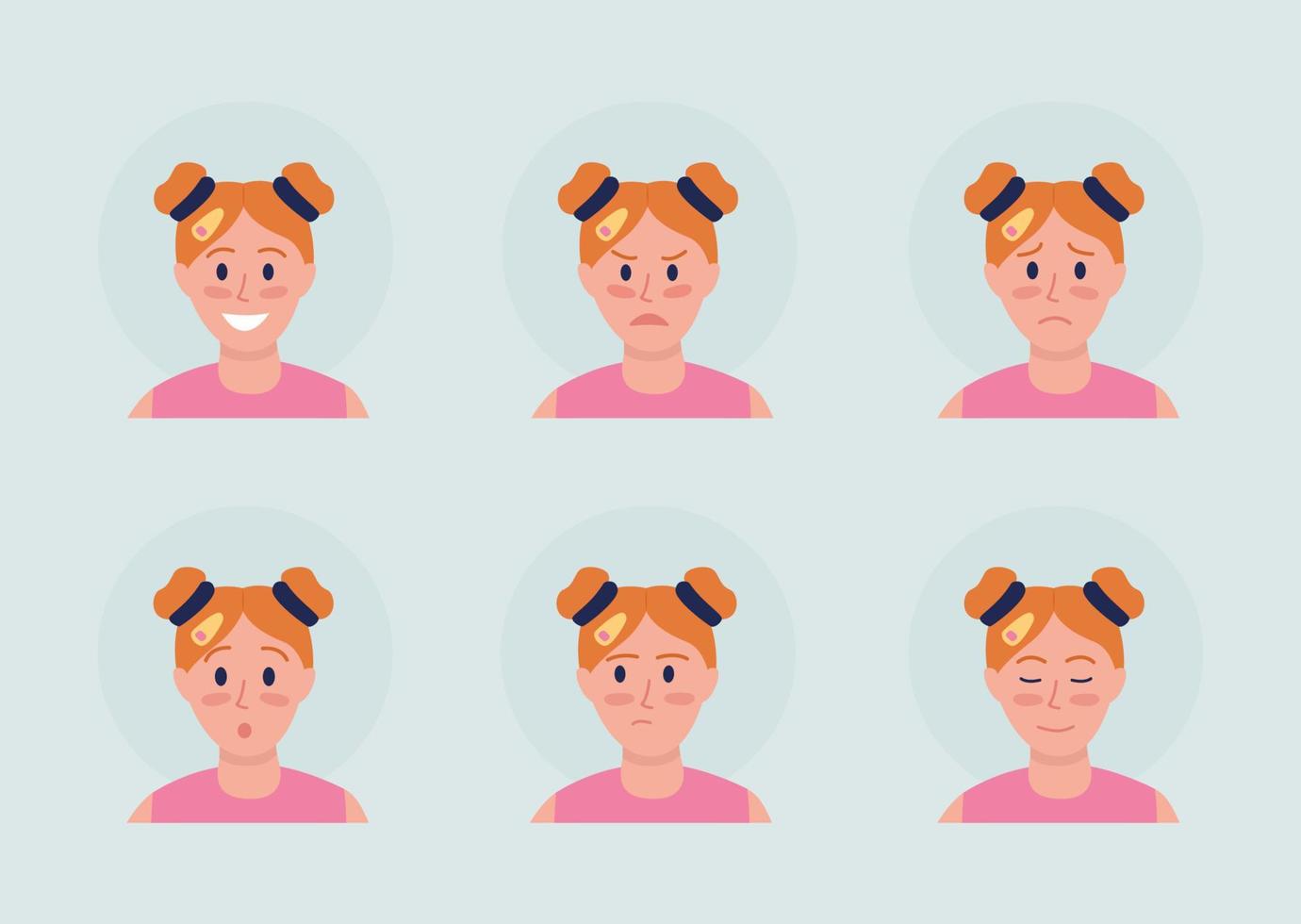 Redhead girl with different emotions semi flat color vector character avatar set. Portrait from front view. Isolated modern cartoon style illustration for graphic design and animation pack