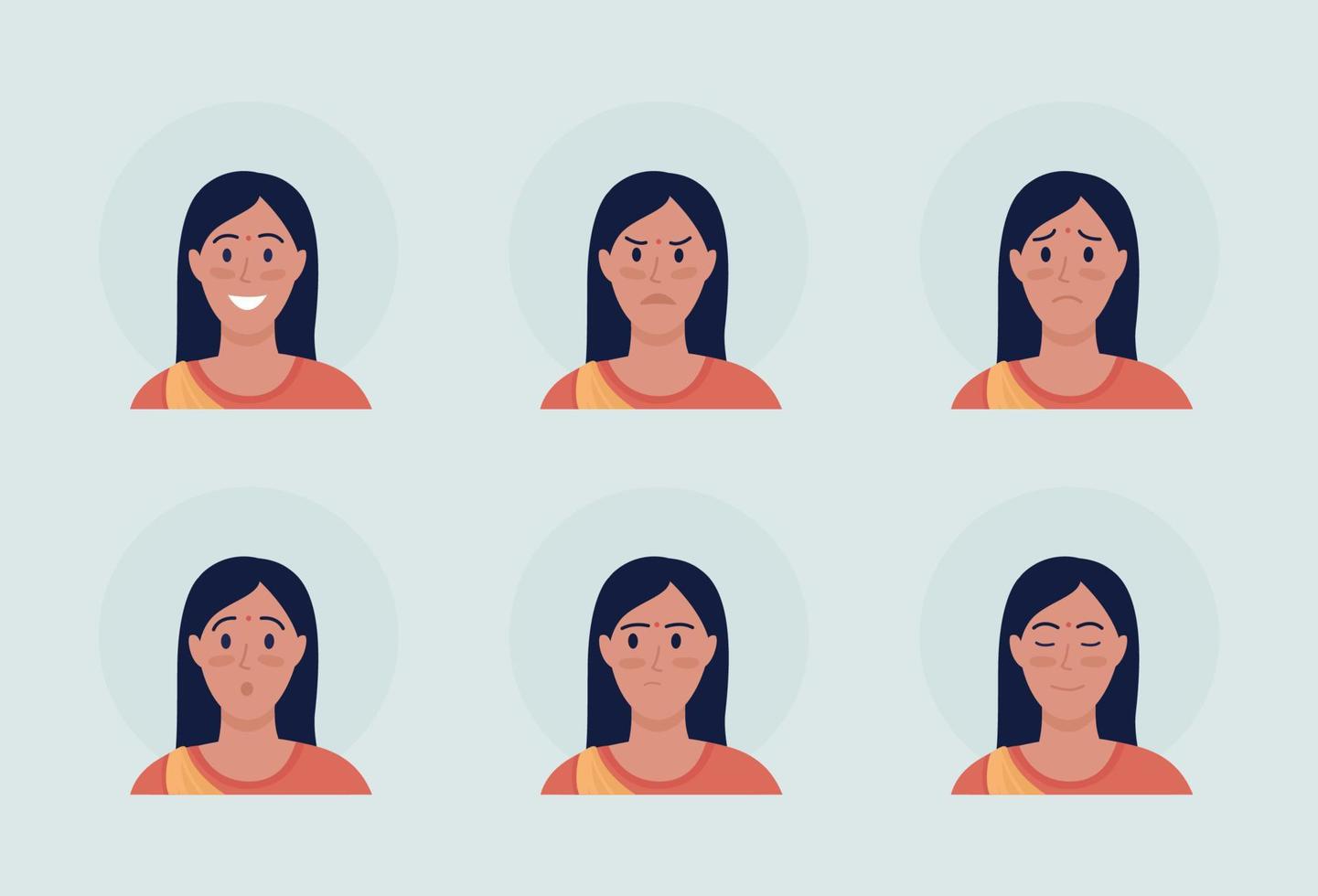 mujer con diferentes emociones conjunto de avatar de carácter vectorial de color semi plano. retrato de la vista frontal. Ilustración de estilo de dibujos animados moderno aislado para diseño gráfico y paquete de animación vector