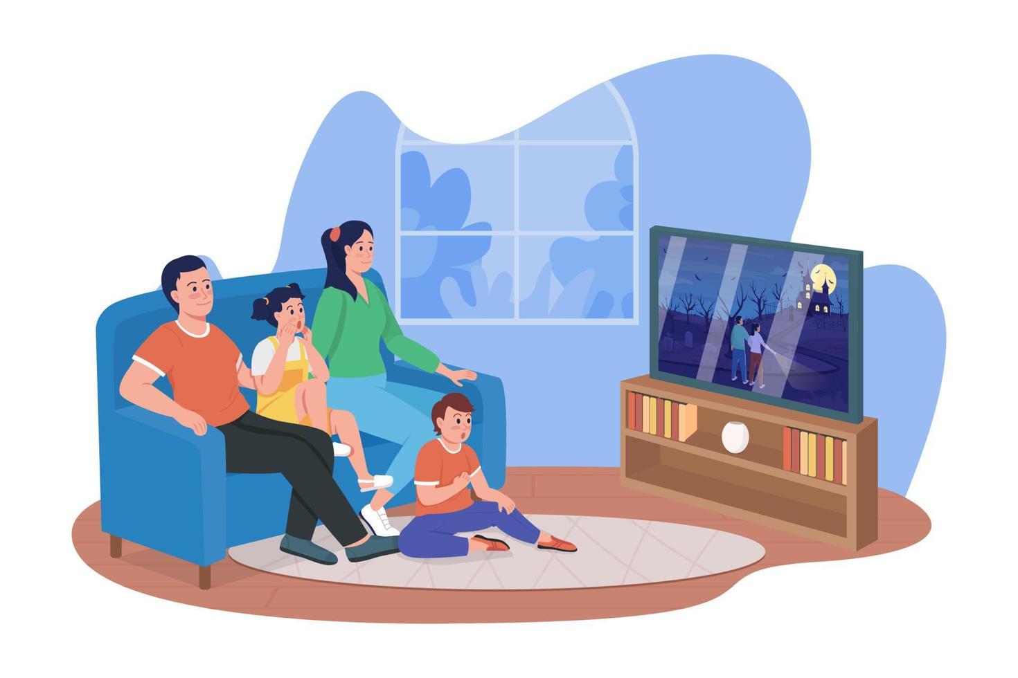 Watching horror movie with family 2D vector isolated illustration. Parents with kids sitting on couch together flat characters on cartoon background. Family bonding time colourful scene