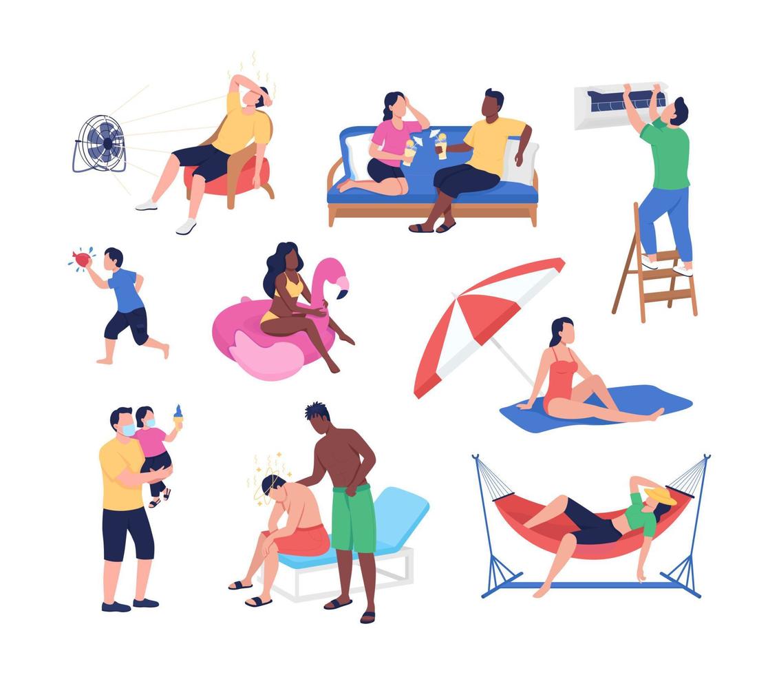 conjunto de caracteres de vector de color semi plano de calor de verano. posando figuras. personas de cuerpo entero en blanco. Ilustración de estilo de dibujos animados moderno aislado de clima cálido para diseño gráfico y colección de animación