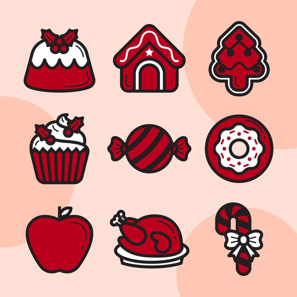 decoración navideña y conjunto de iconos de comida vector