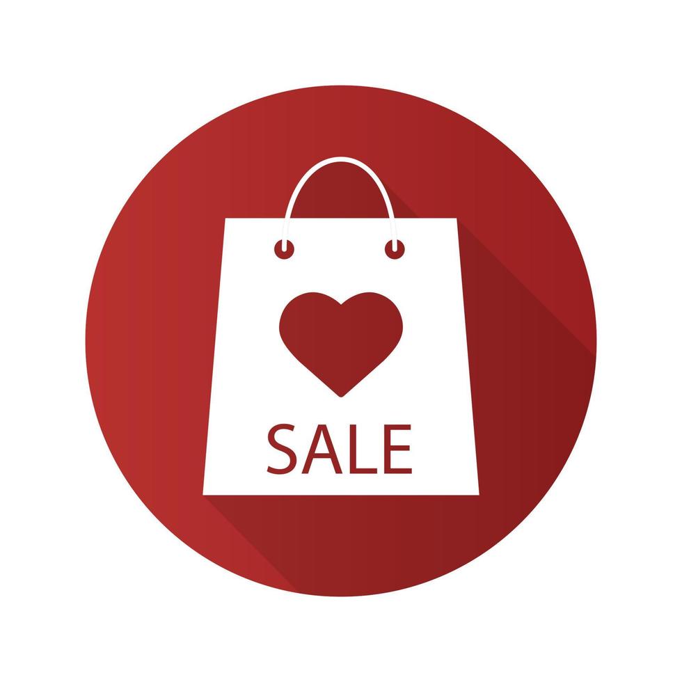 Valentine's Day sale flat design long shadow icon. Store bag with heart shape. Vector silhouette symbol