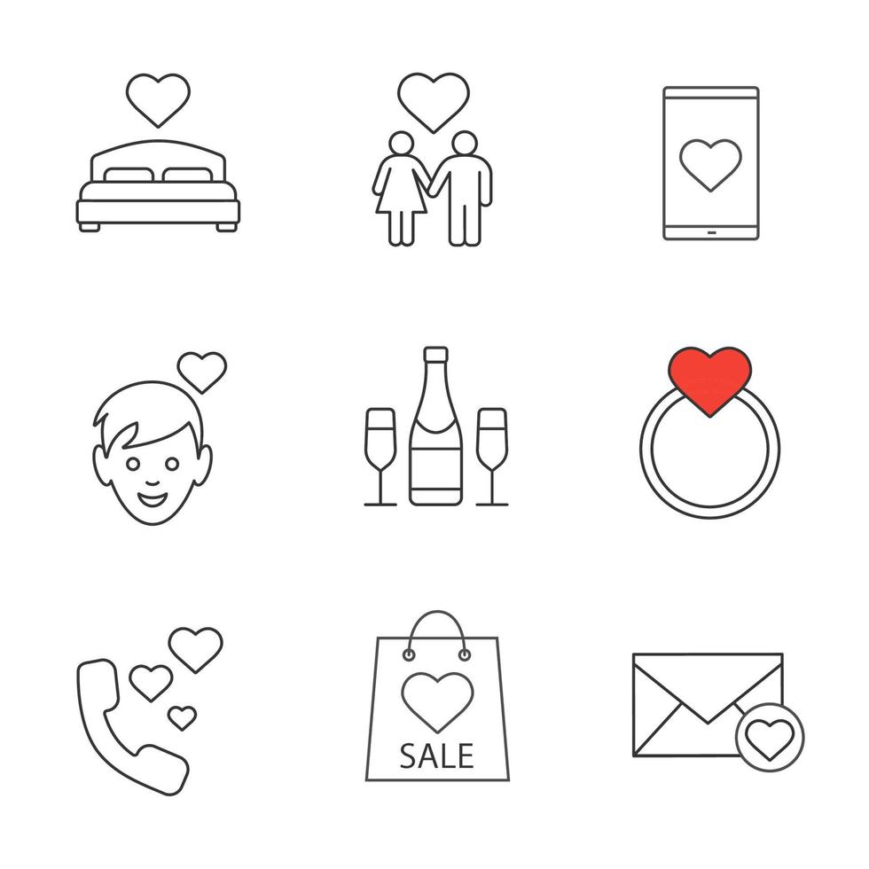 Valentine's Day linear icons set. Lover's bed, couple, smartphone dating app, boy in love, ring, phone sex, Valentine's Day sale, love mail. Thin line contour symbols. Isolated vector illustrations