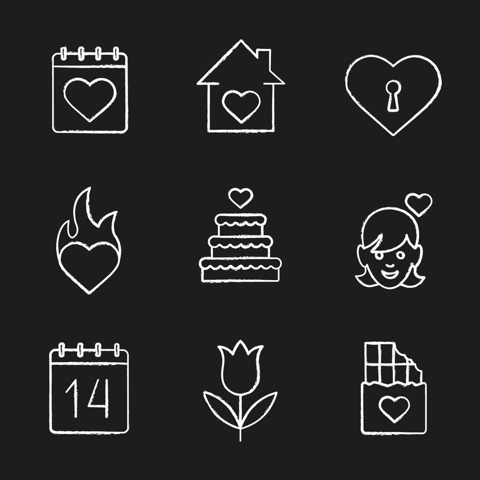 Conjunto de iconos de tiza de San Valentín. 14 de febrero calendario, casa, corazón con cerradura, pasión, pastel de bodas, chica enamorada, tupil, barra de chocolate. ilustraciones de pizarra vector aislado