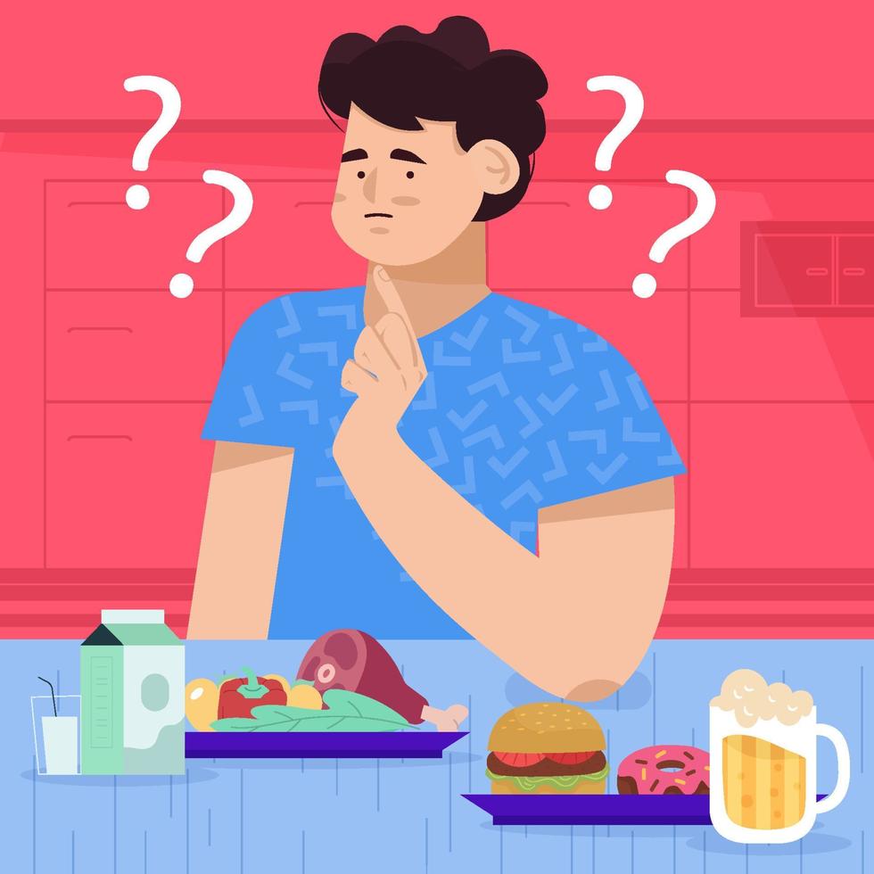 Man Confused Keep His Balance Diet or Not vector