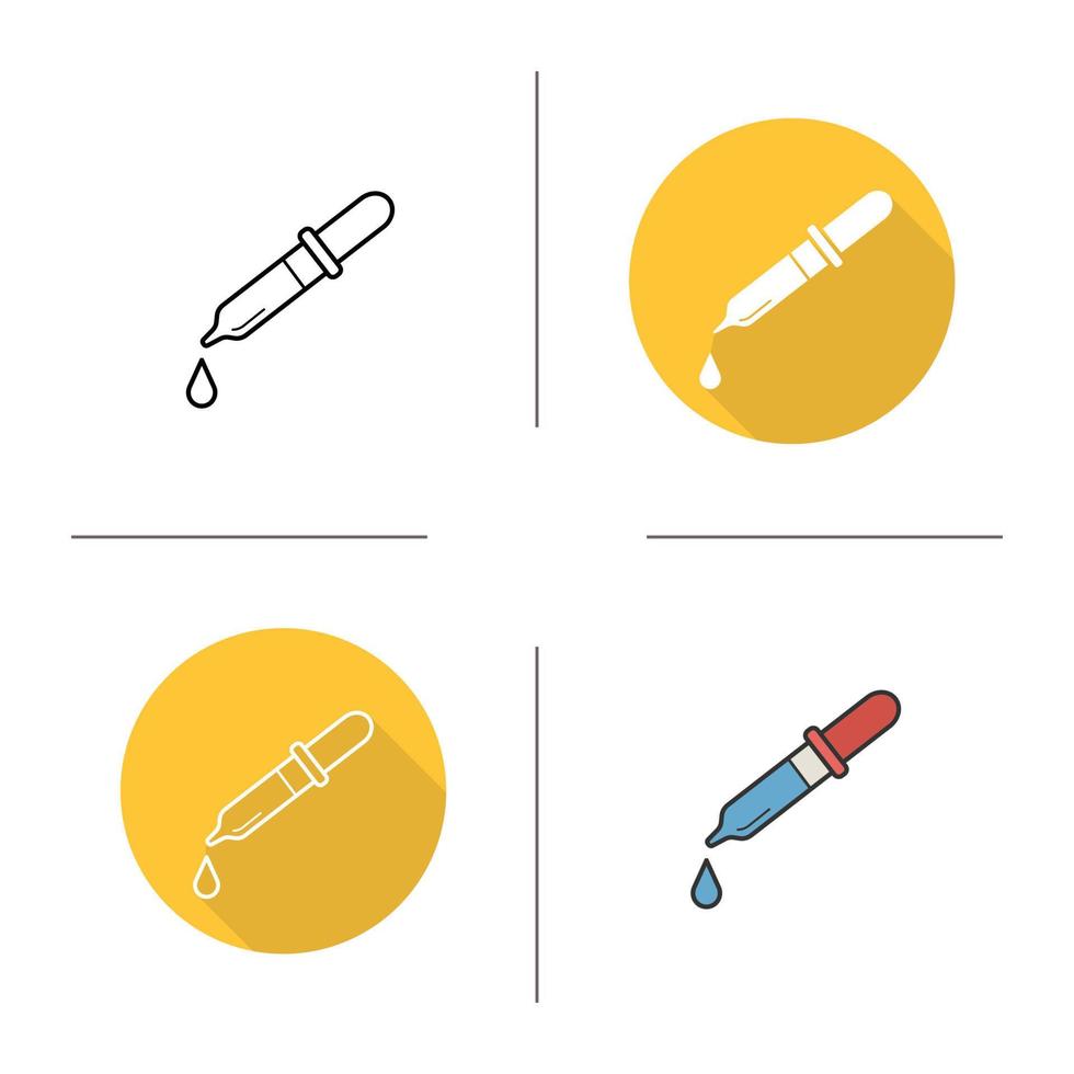 Pipette flat design, linear and color icons set. Laboratory equipment. Dropper. Contour and long shadow symbols. Medical pipette logo concepts. Isolated vector illustrations. Infographic elements