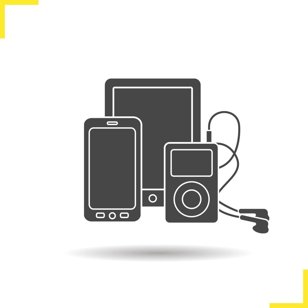 icono de aparatos electrónicos. gota sombra smartphone, tablet pc y reproductor de mp3 con símbolo de silueta de auriculares. dispositivos electrónicos multimedia. concepto de logotipo de gadget electrónico. ilustración vectorial aislada vector