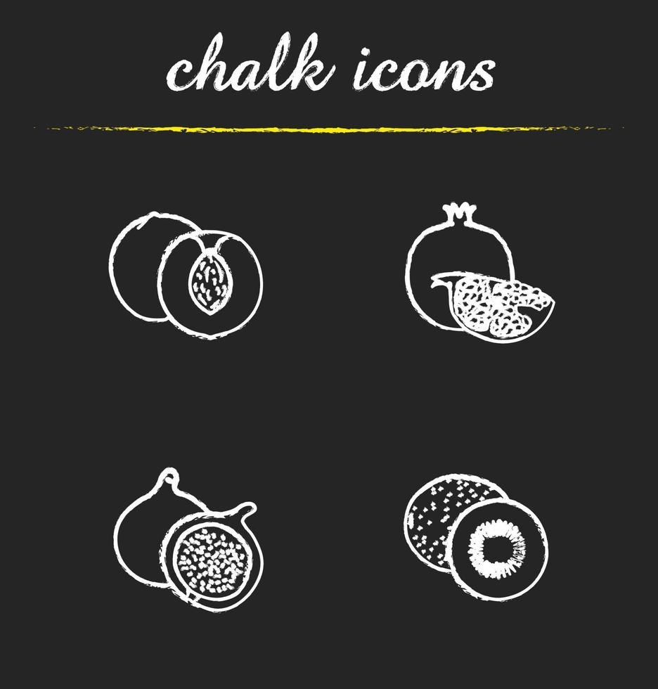 Fruit icons set. Apricot, pomegranate, fig and kiwifruit illustrations. Tropical fruit isolated vector chalkboard drawings