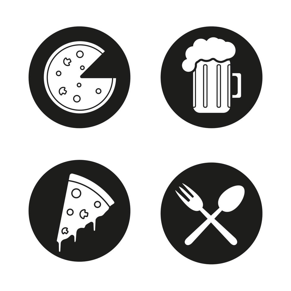 Pizzeria black icons set. Cafe and restaurant menu items. Pizza slice, beer mug and eatery symbols. Vector white illustrations in circles