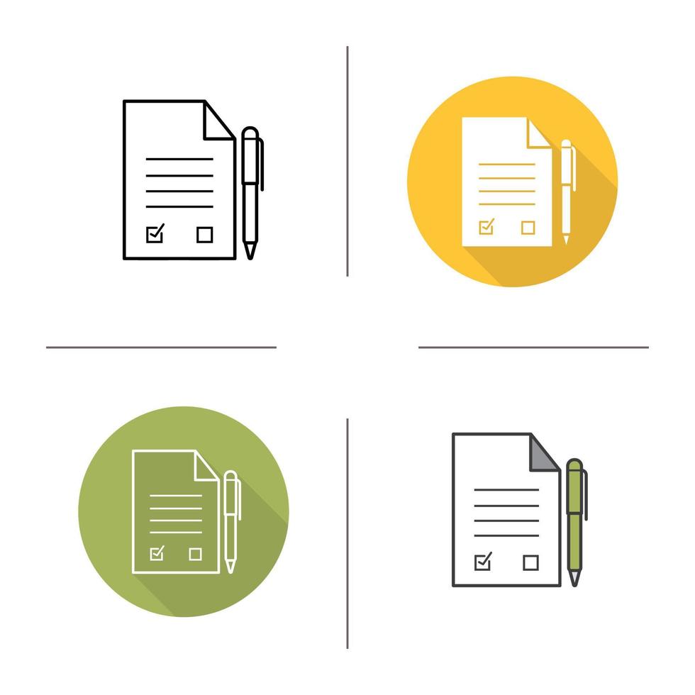 Contract flat design, linear and color icons set. Signed business contract. Agreement. Contour and long shadow symbols. Deal logo concepts. Isolated vector illustrations. Infographic elements