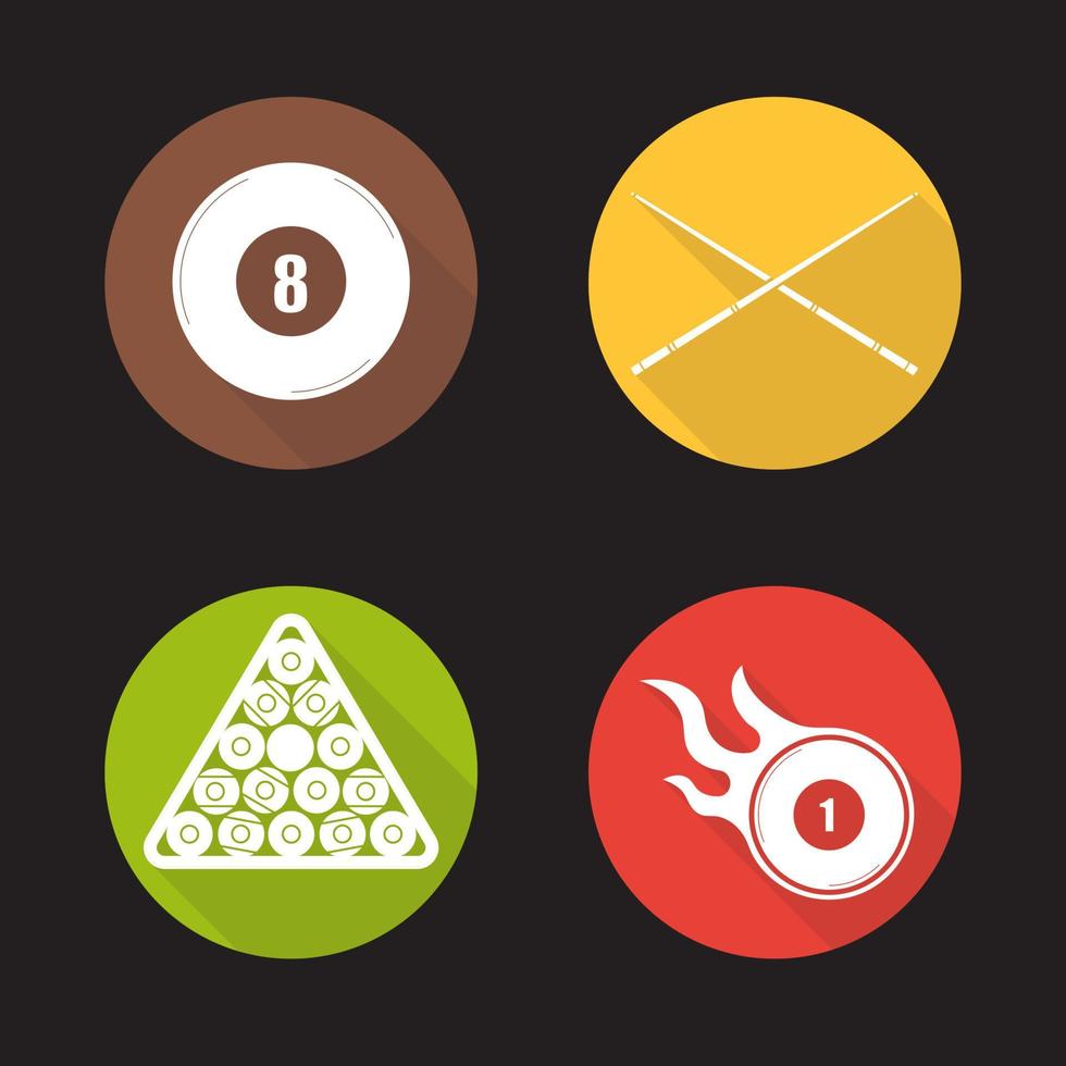 Billiard flat design long shadow icons set. Eight ball, cues, ball rack and burning ball. Pool equipment. Cuesports accessories. Vector symbols