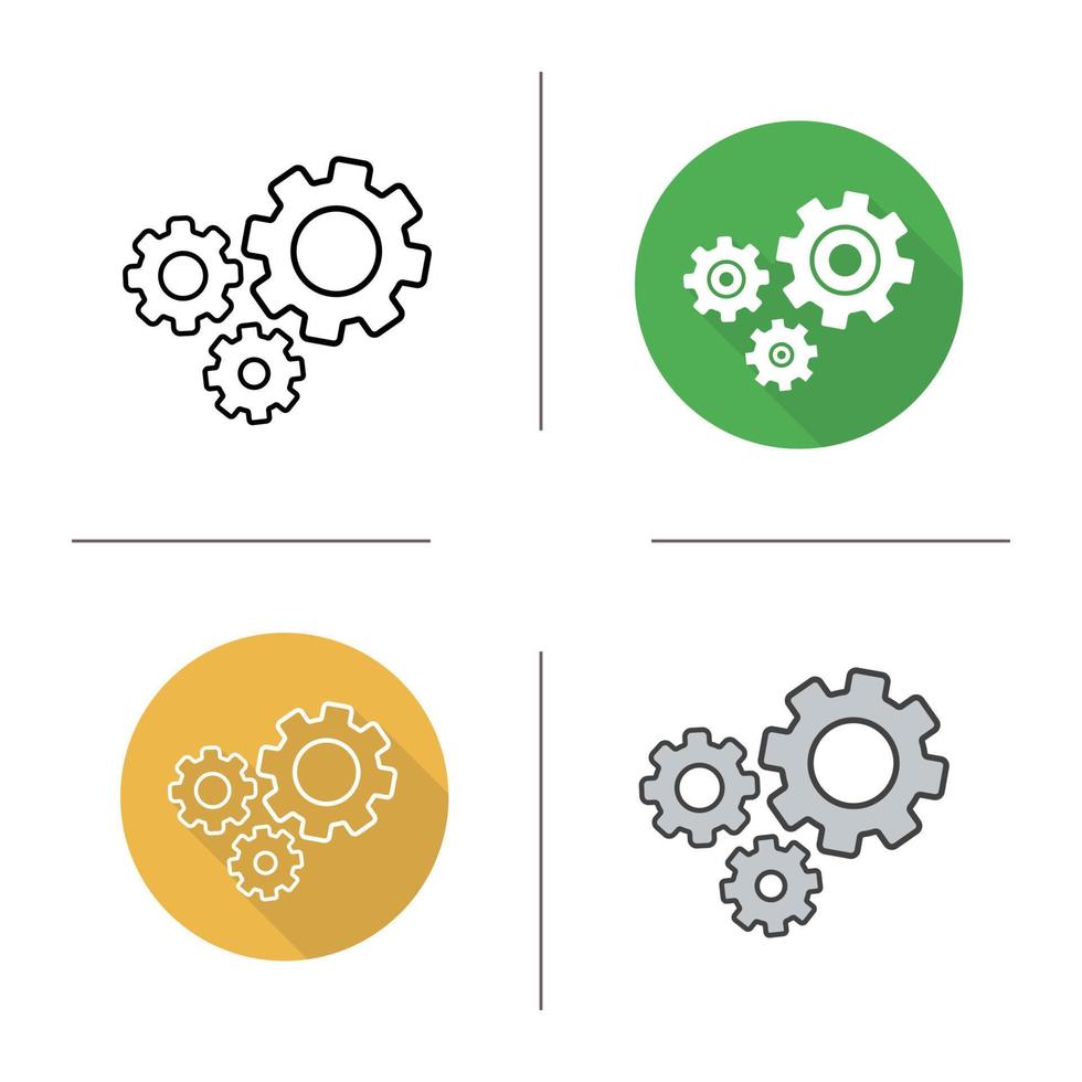 Cogwheels icon. Flat design, linear and color styles. Machine spinning elements. Gears isolated vector illustrations