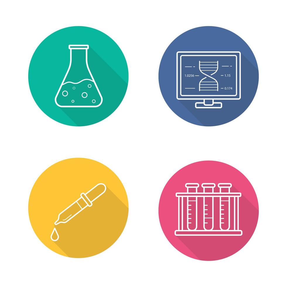 Laboratory equipment flat linear long shadow icons set. Lab flask and pipette. Test tubes rack and dna strand research formula. Vector