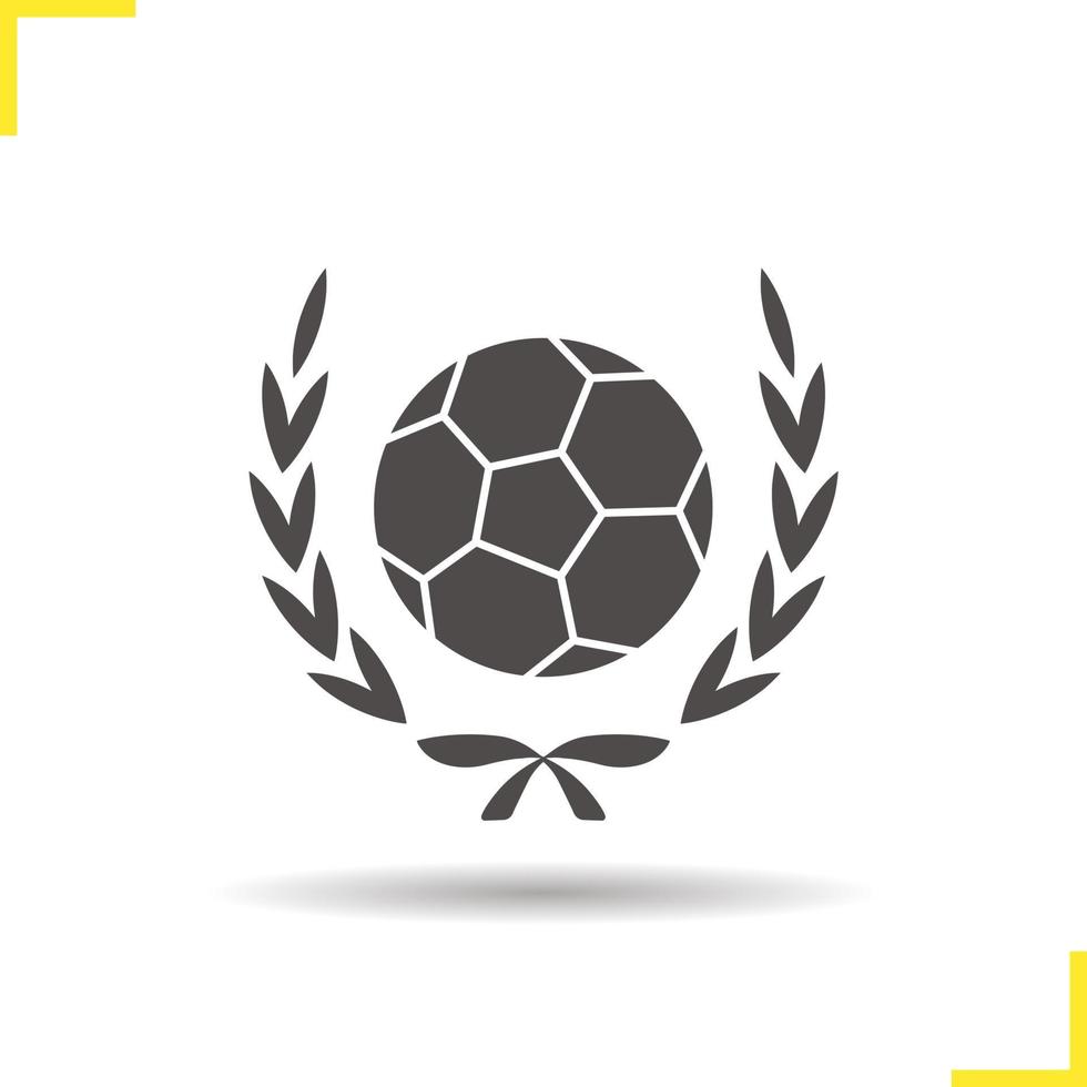 Soccer ball in laurel wreath icon. Drop shadow football championship silhouette symbol. Sports equipment. Vector isolated illustration