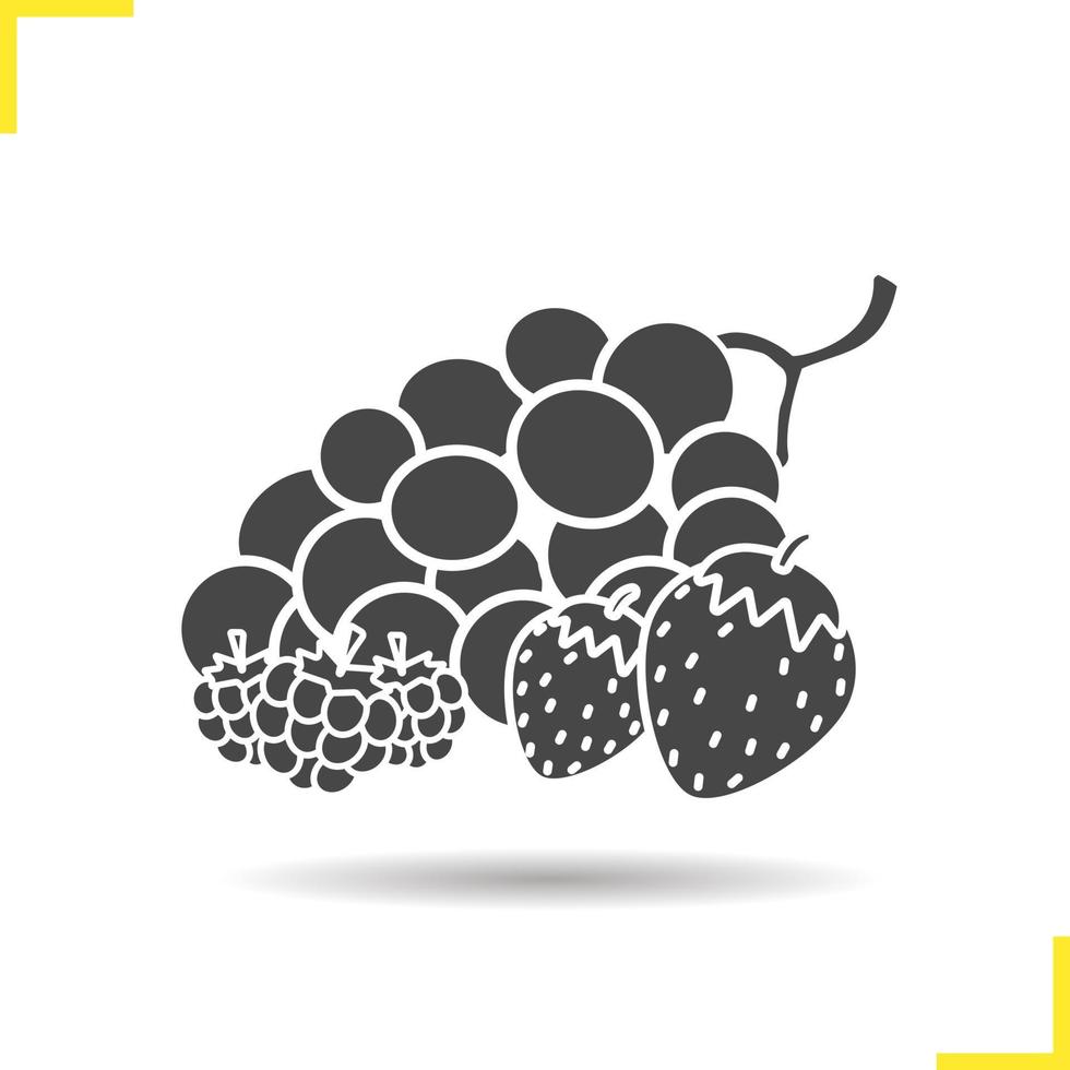 Berries icon. Drop shadow fruit silhouette symbol. Strawberry, raspberry and bunch of grapes. Vector isolated illustration