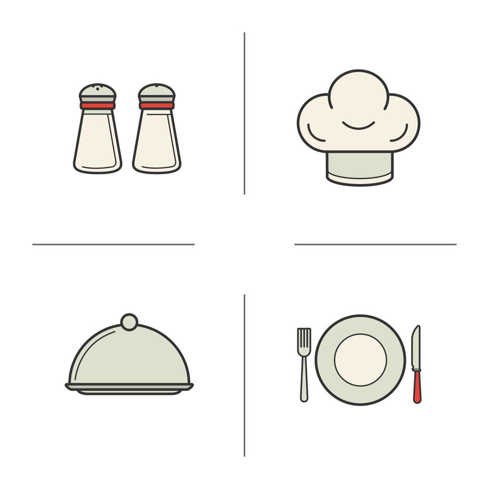 Restaurant kitchen equipment color icons set. Salt and pepper shakers, chef's hat, covered dish. Fork, knife and plate. Tableware. Vector isolated illustrations