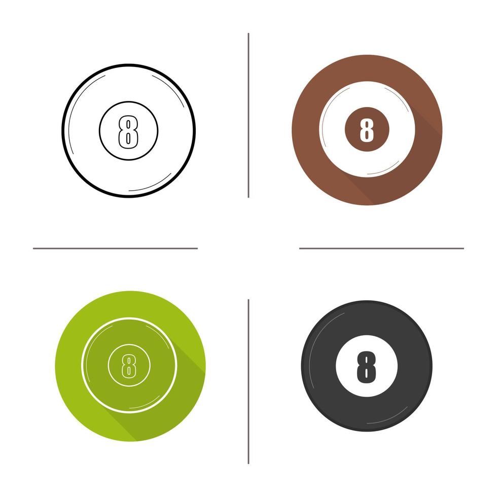 Billiard eight ball flat design, linear and color icons set. Sport equipment. Contour and long shadow symbols. Billiard eight ball logo concepts. Isolated vector illustrations. Infographic elements